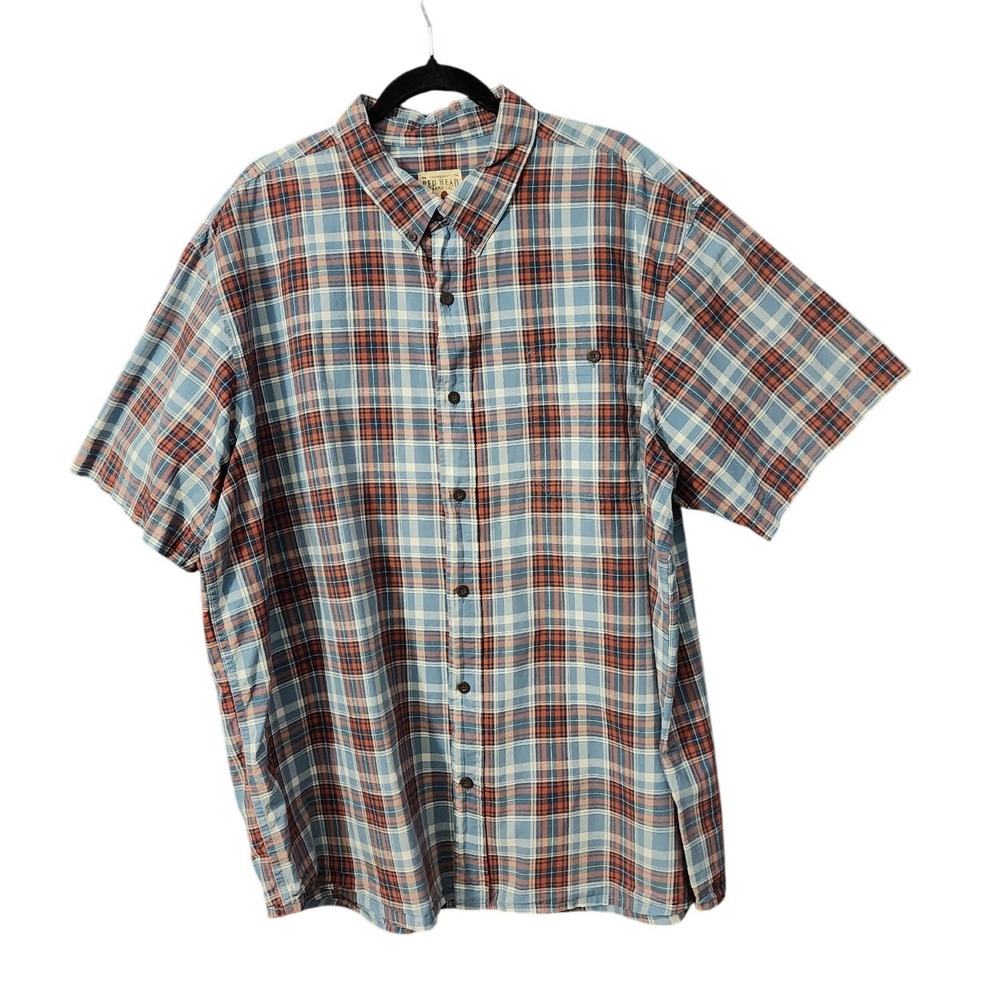 RedHead Mens 100% Cotton Button Down Shirt Blue Red Plaidβ Short Sleeve, 3XL